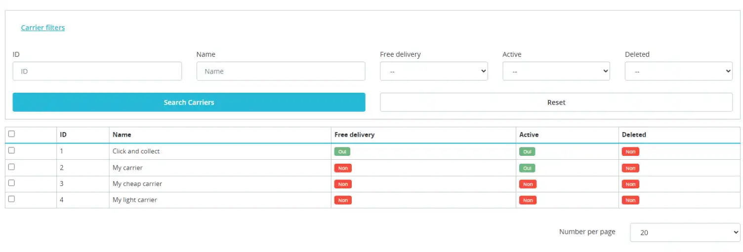 Tableau des transporteurs Carrier Product Bulk