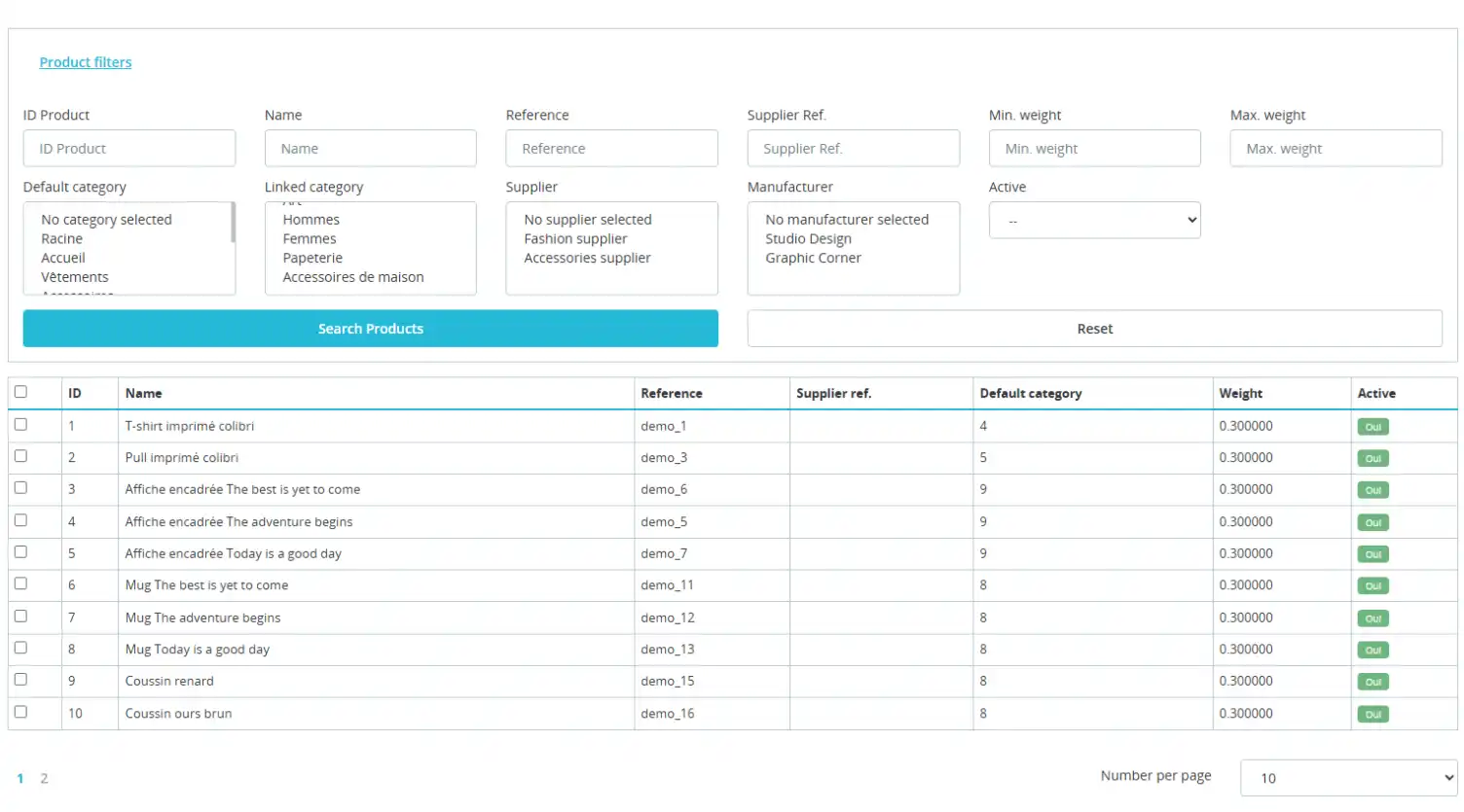 Tableau des produits