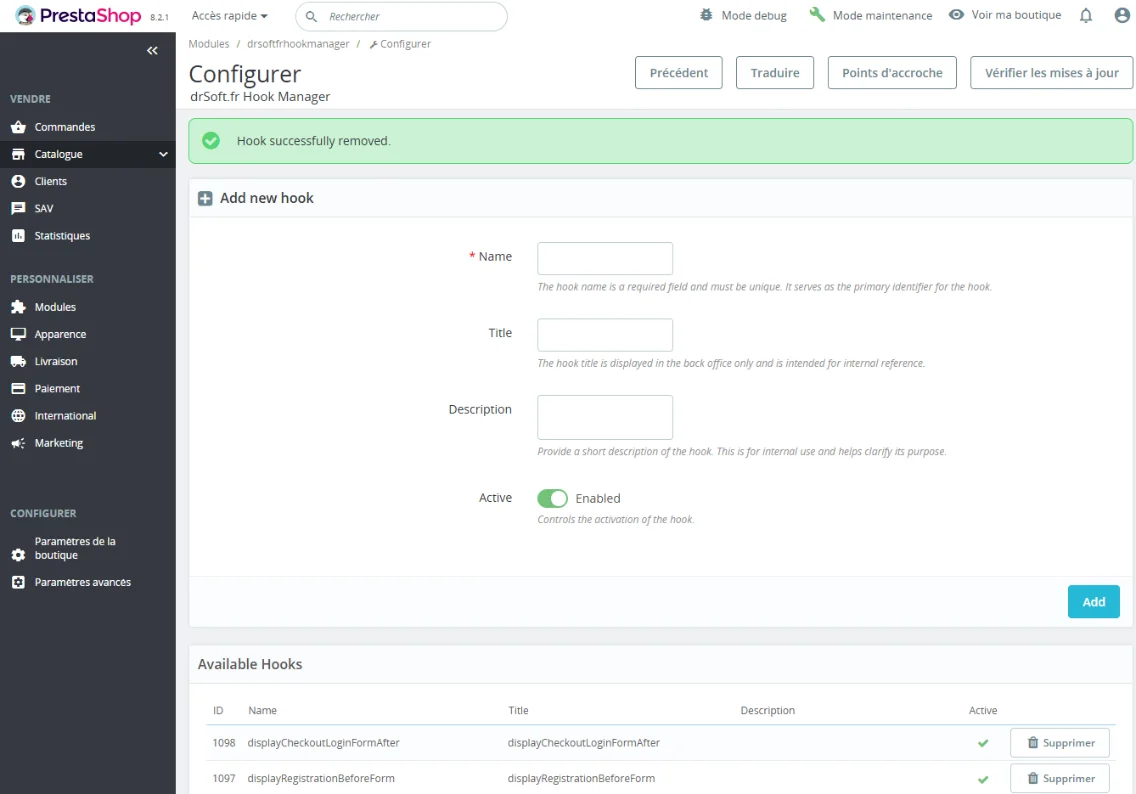 Aperçu module Hook Manager