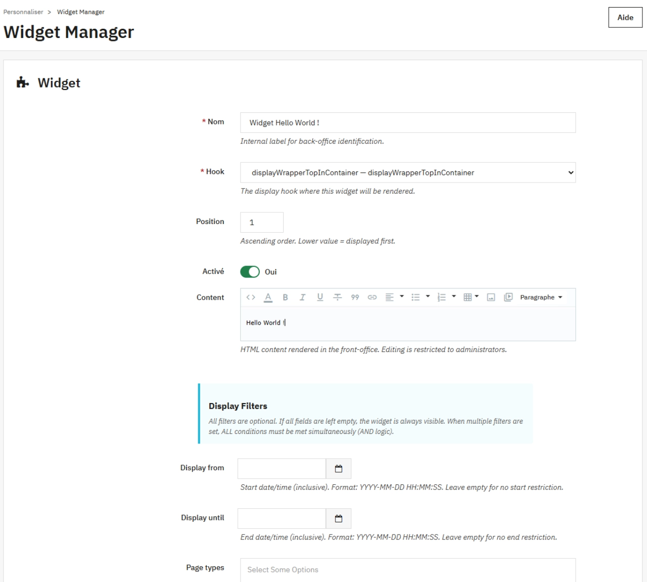 Aperçu du module Widget Manager